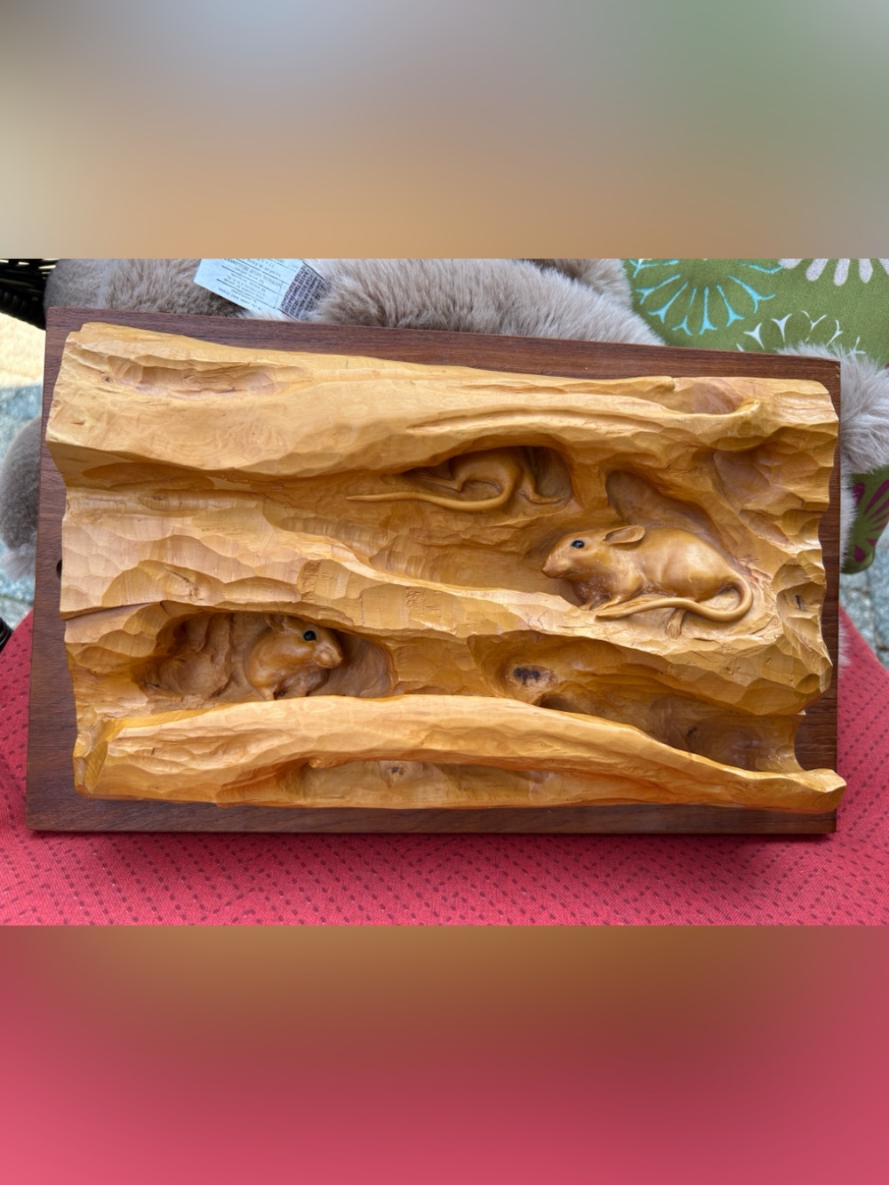 Vintage Solid Wood Hand-Carved Mice in Tree Wall Plaque